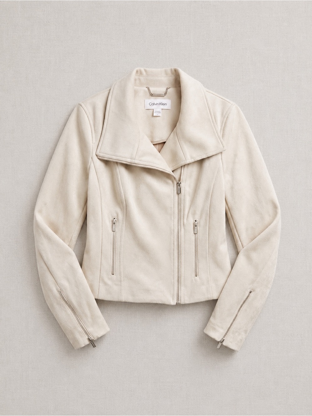 Calvin Klein Light Cream Suede Zip-Front Moto Jacket
